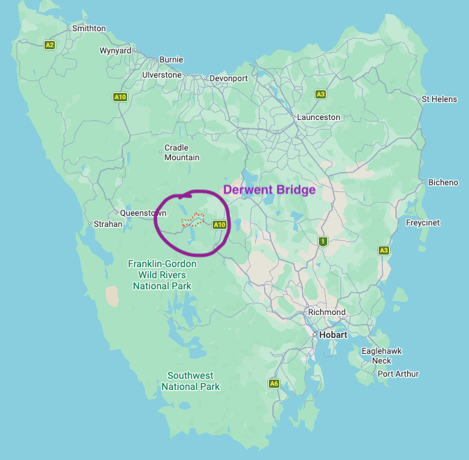 Tasmania map showing Derwent Bridge. Very much in the wilderness.