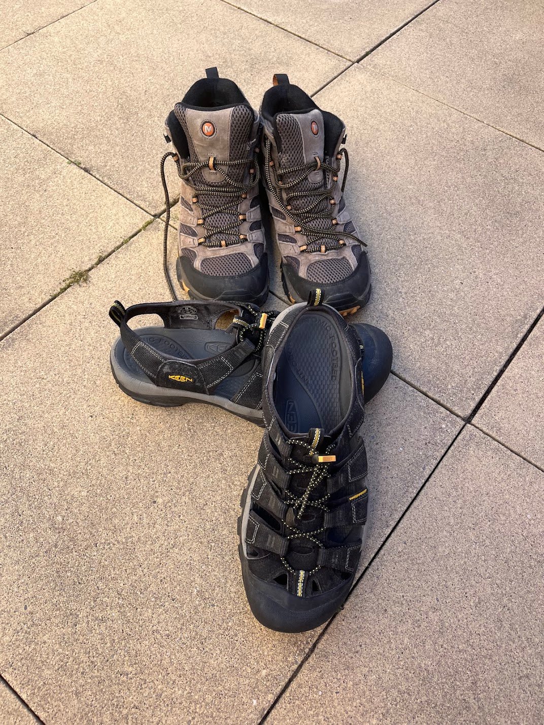 Dusty boots and trusty sandals. You really don't need any other footwear.