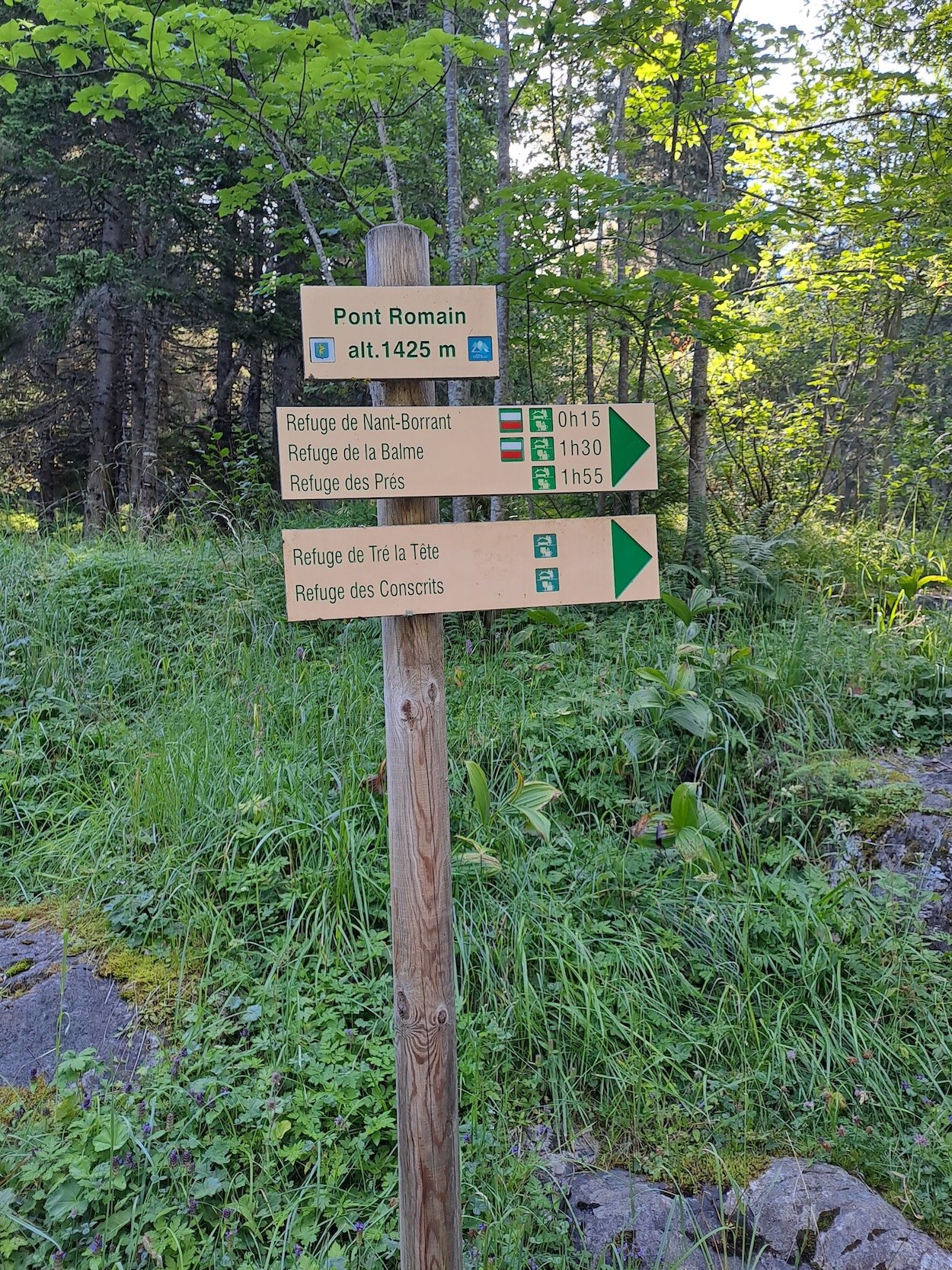 Signs at le Pont Romain. Tour du Mont Blanc walk, France.
