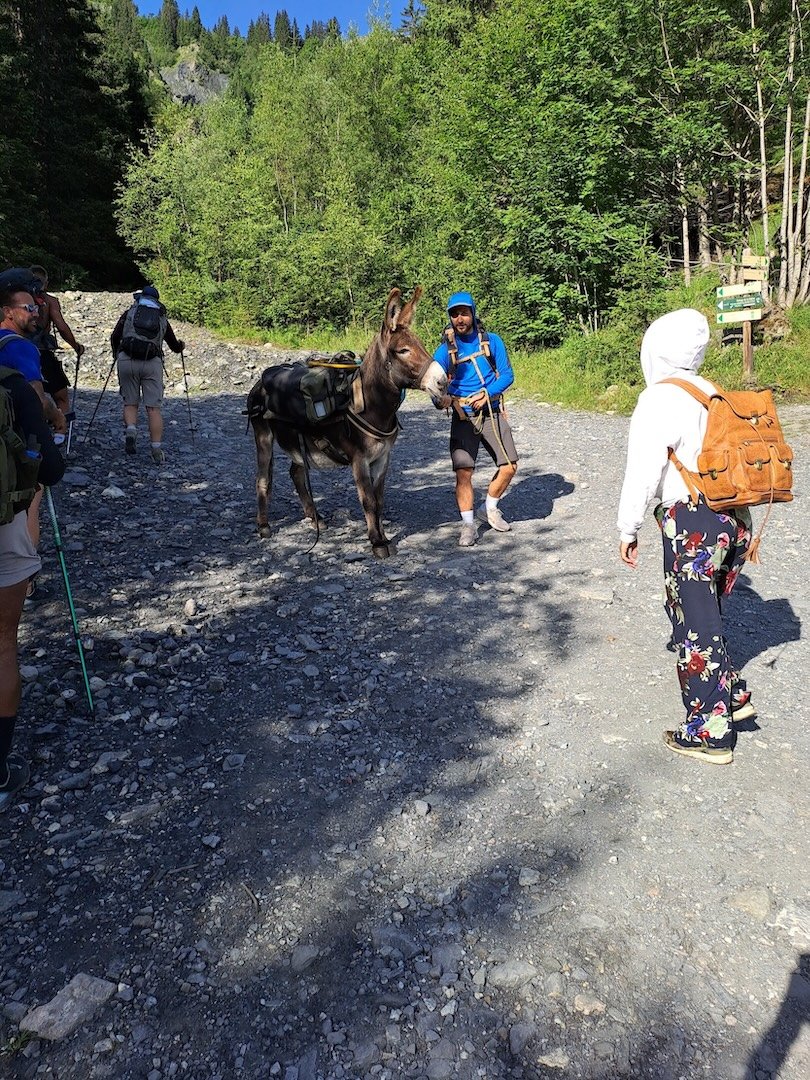Signs at le Pont Romain. Tour du Mont Blanc walk, France.