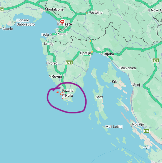 Pula is an hour or two's drive off of the main road from Rijeka to Trieste.  Depends on the traffic - don't say you weren't warned.