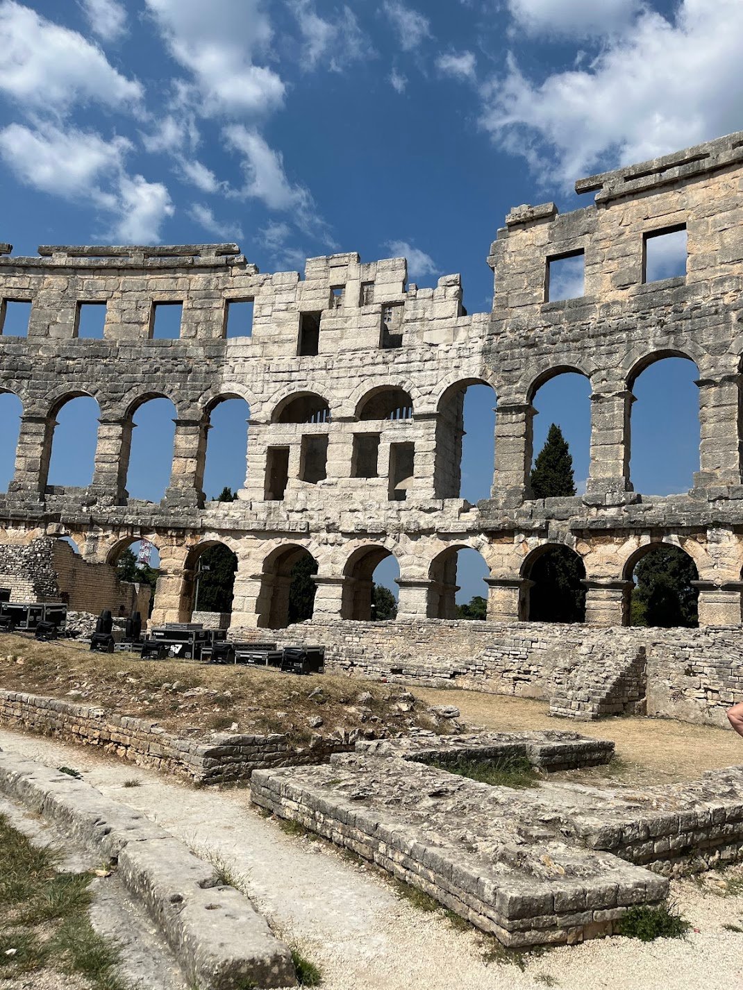 Pula Arena, Croatia.  You can see how the limestone structure has been repaired and parts of it replaced. 
