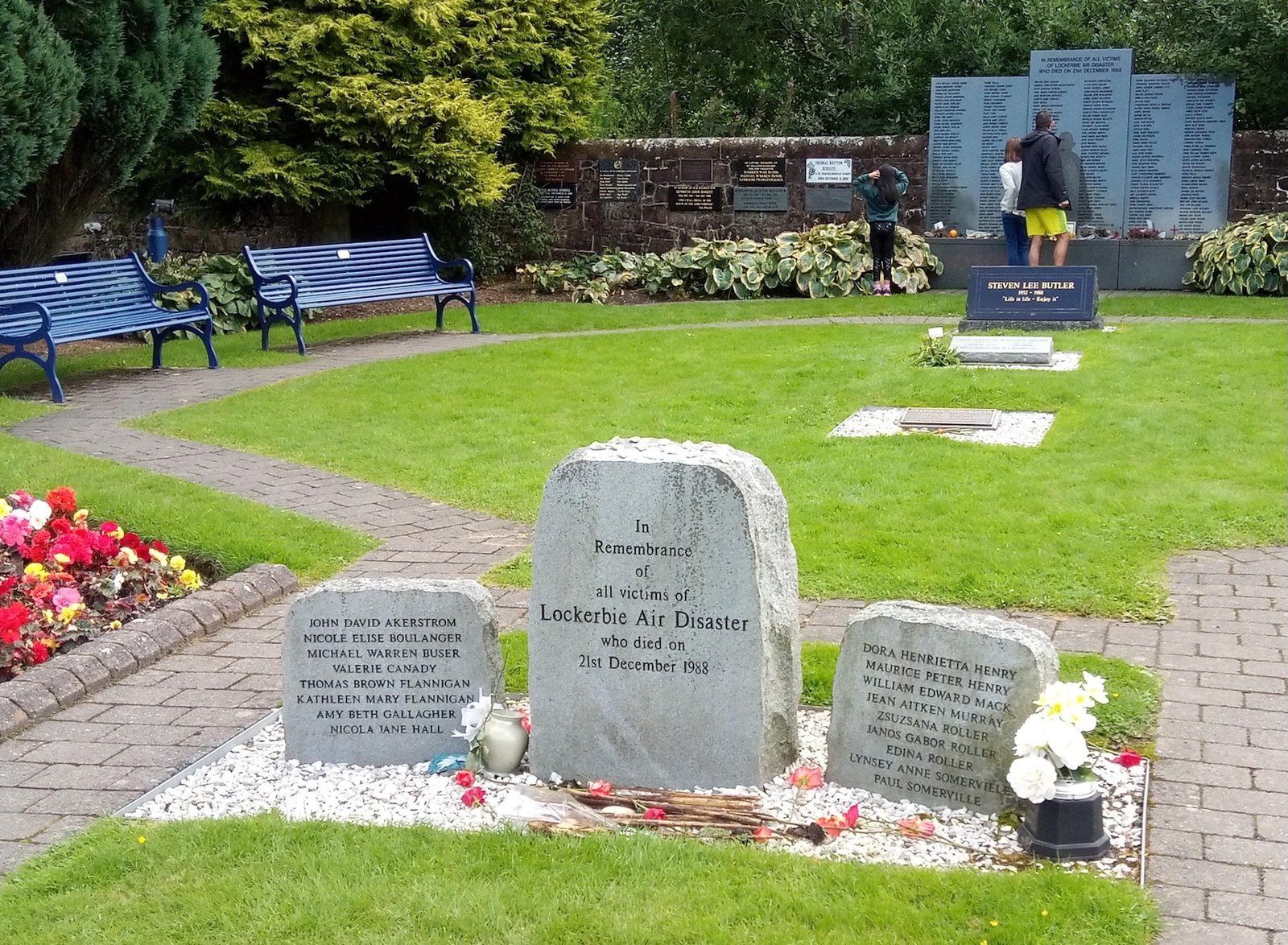 Lockerbie memorial garden, Scotland. Names of locals in the foreground, those on board Pan Am Flight 103 in the background and the bench seats between.