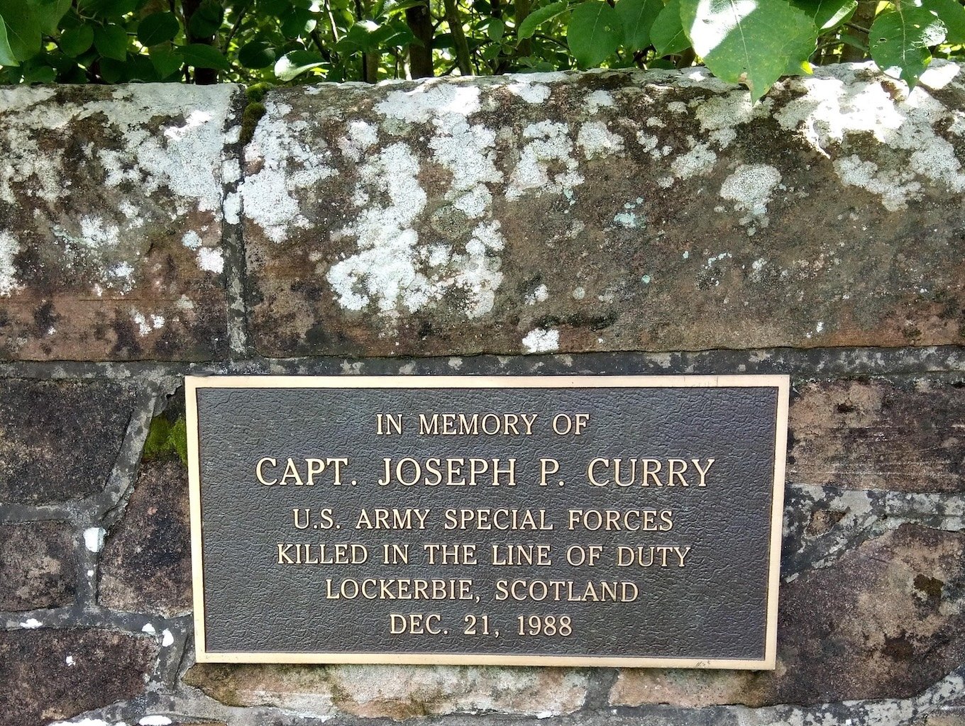 Lockerbie memorial garden, Scotland. Plaque for Captain Joseph P. Curry, United States Army.