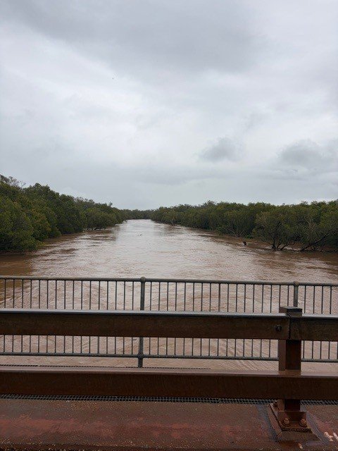Fitzroy River upstream of Derby.  Long term average annual rainfall is 707mm, but years with over 1200mm are not unusual.  Around 93% of this falls during the wet season between December and March.