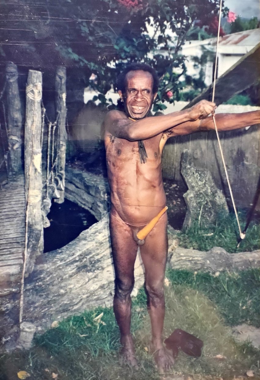 Tribesman with bow and penis gourd, Wamena, Irian Jaya, 1990s.