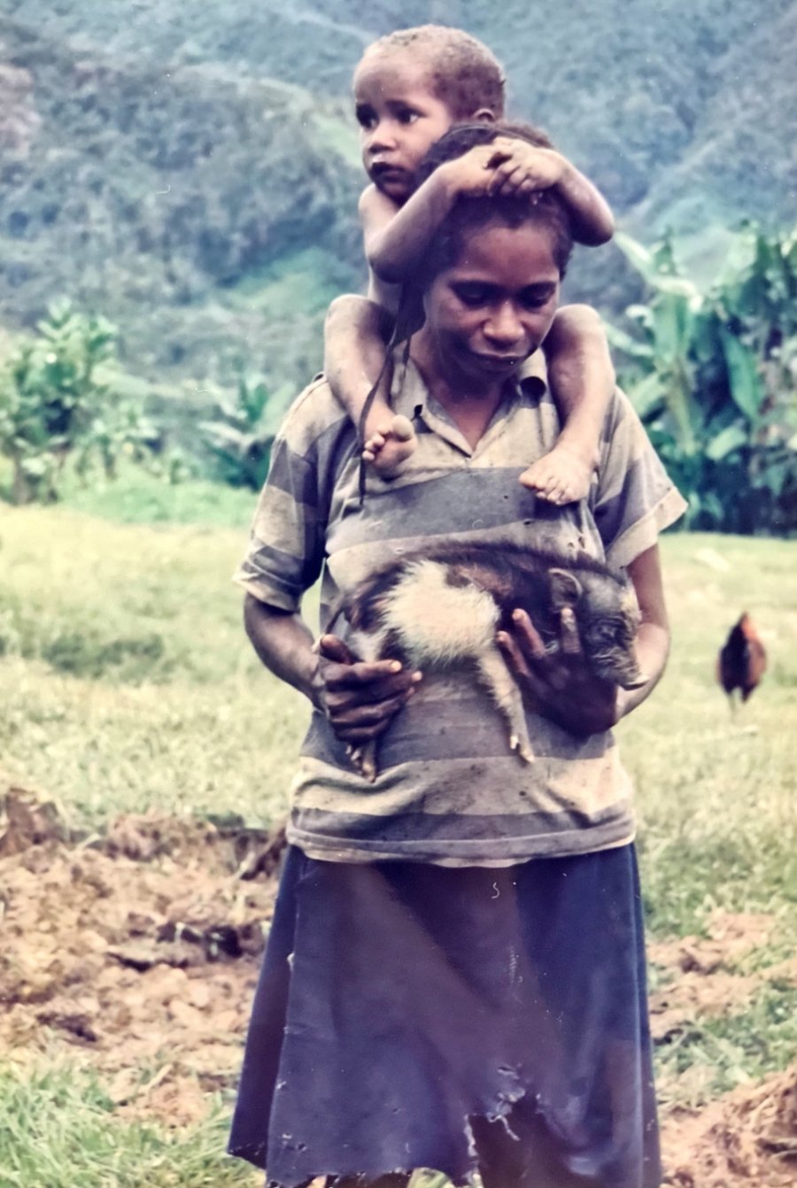 Lady with child and pig, Wamena, Irian Jaya. The chicken looks on from afar, feeling left out of things.