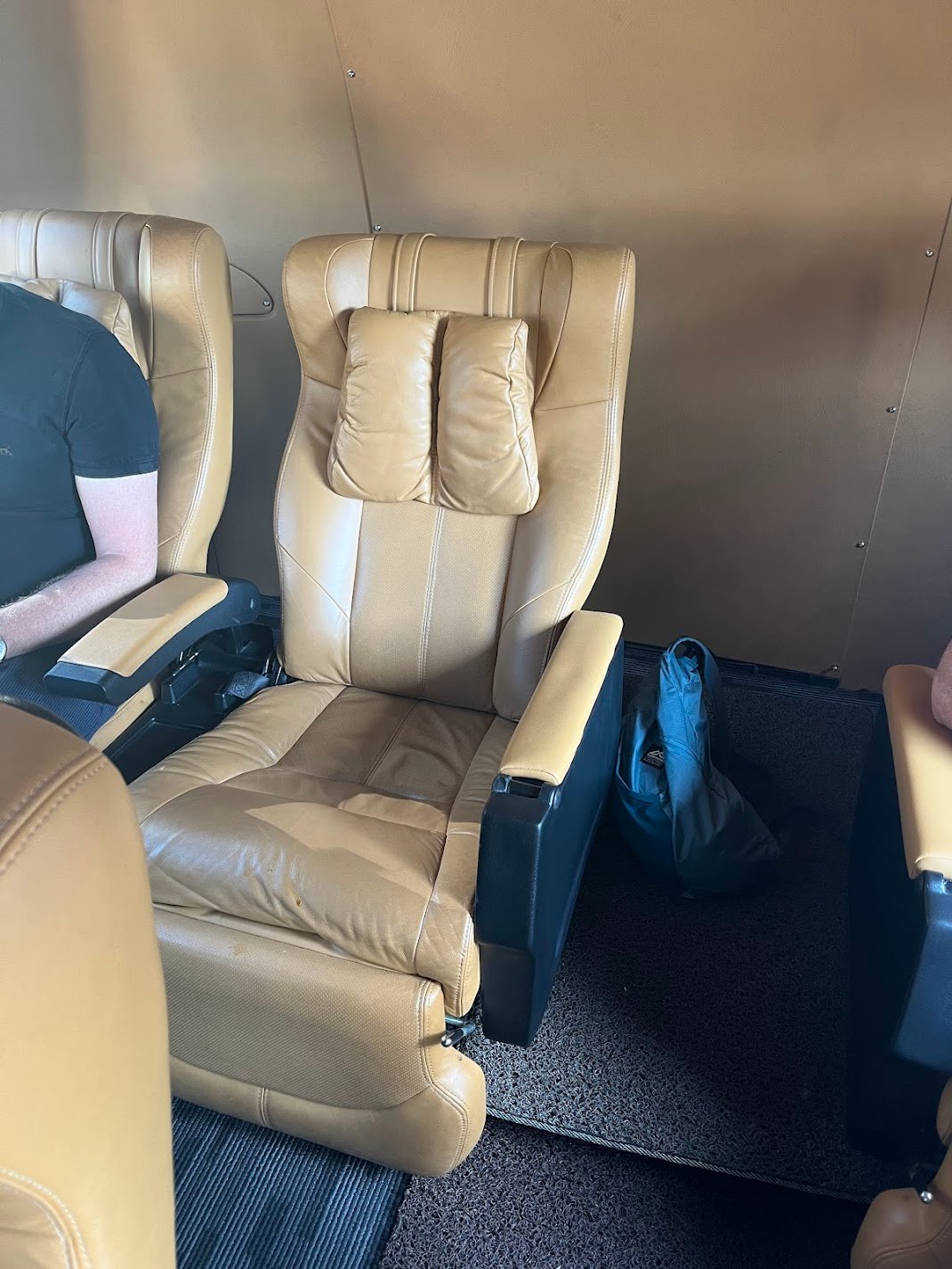 A seat on an Aeroline bus, Malaysia.  Very comfortable and well-appointed.