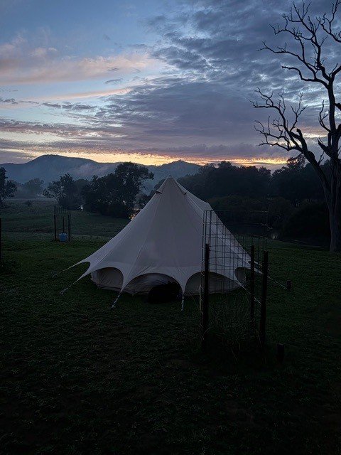 Glamping at Tintaldra during the Man from Snowy River Festival in Corryong, Victoria, Australia. A cold morning but the sun will soon burn the mist away.