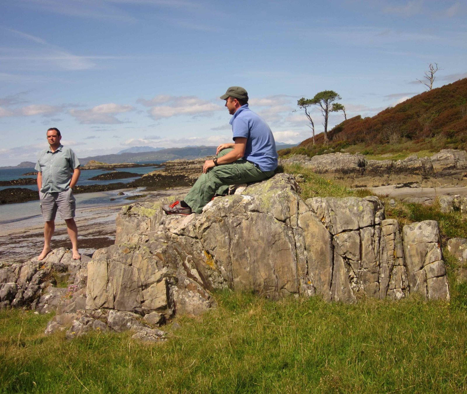 The 'Knopfler Rock' near Camusdarach Beach, Scotland. Shaun and Brendan imitate the Local Hero album cover.