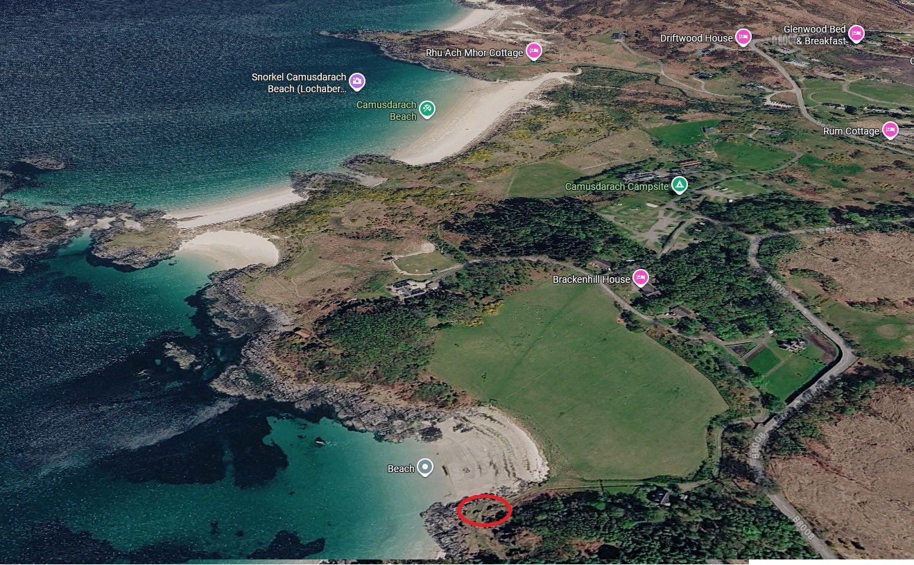 Location of the 'Knopfler Rock' near Camusdarach Beach, Scotland.