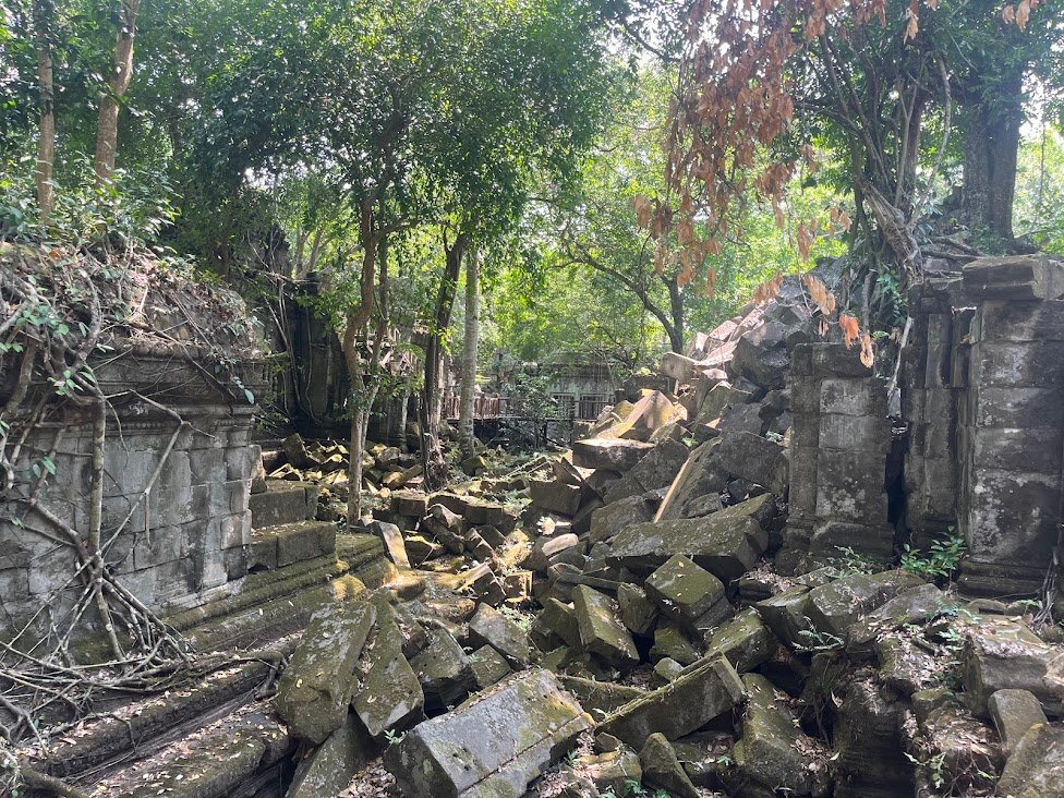 Interior of Beng Mealea temple, Cambodia. A small amount of restoration has occurred, but it is mostly as it was discovered, at the mercy of the encroaching forest.