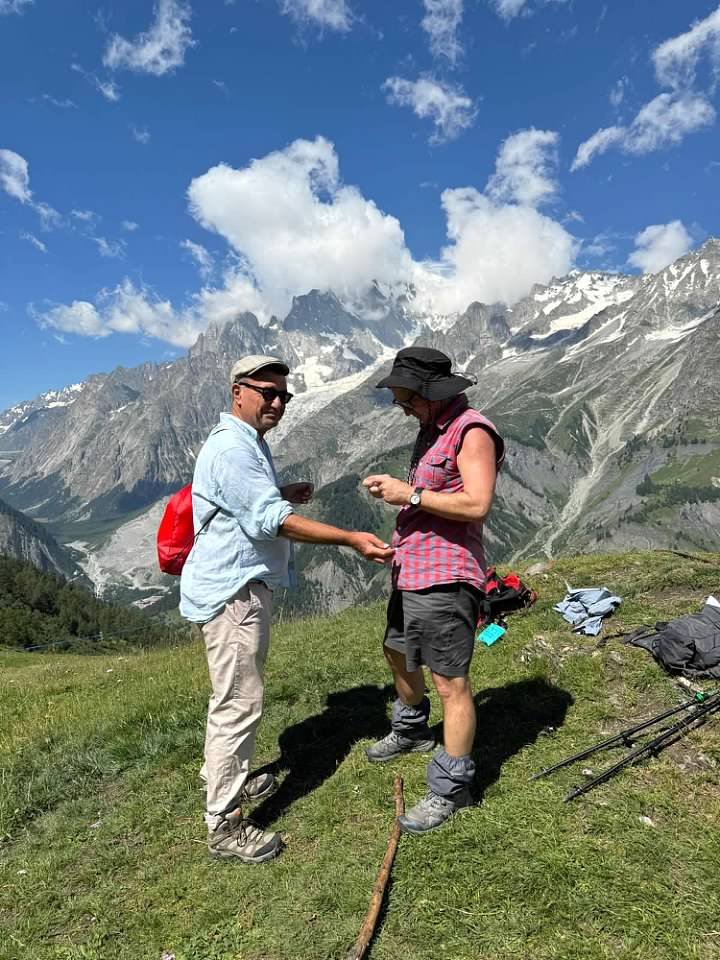 A quick first aid job while trekking near Mont Blanc, Switzerland.