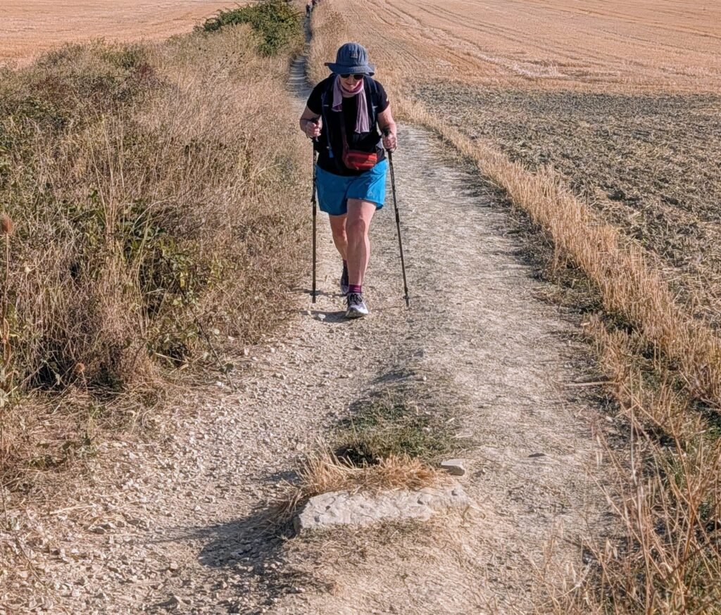 On the Camino. A recently rehydrated pilgrim powers on.