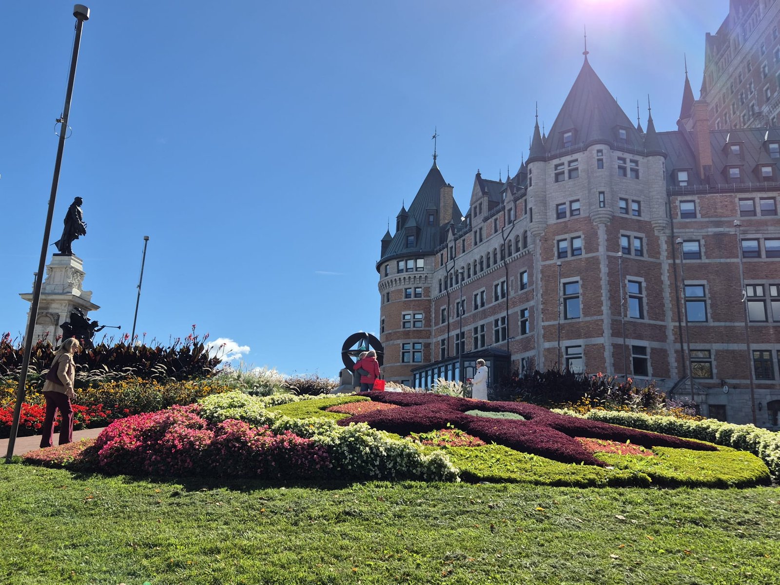The chateau in Quebec old city. It is the main feature of the skyline, a luxury 5 star hotel. Statue on the left is of Samuel de Champlain, who first mapped the St Lawrence River and founded Quebec in 1608.
