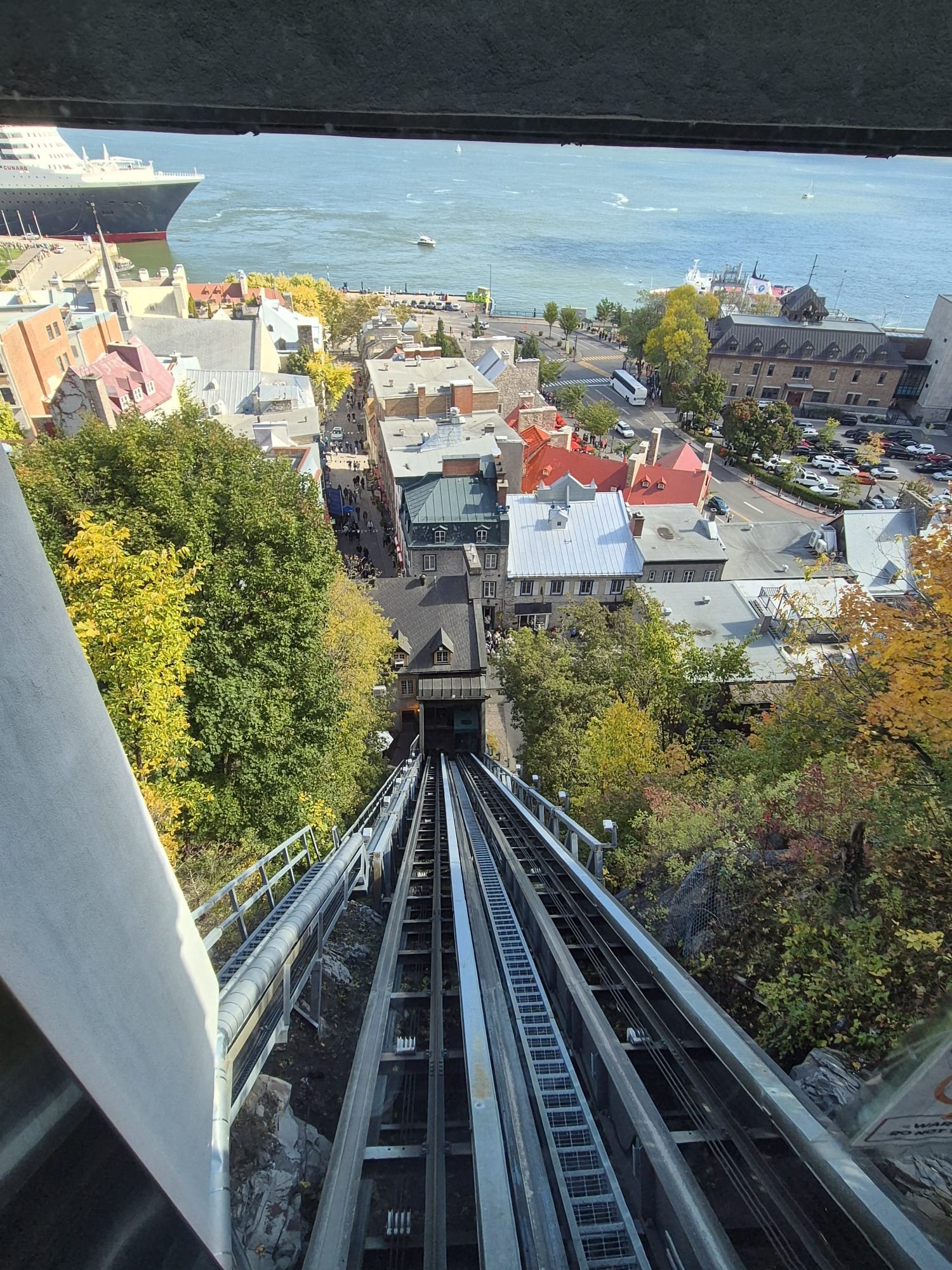 Quebec old city. The funicular viewed from the top. Not great value at $7 for a 30 second trip.